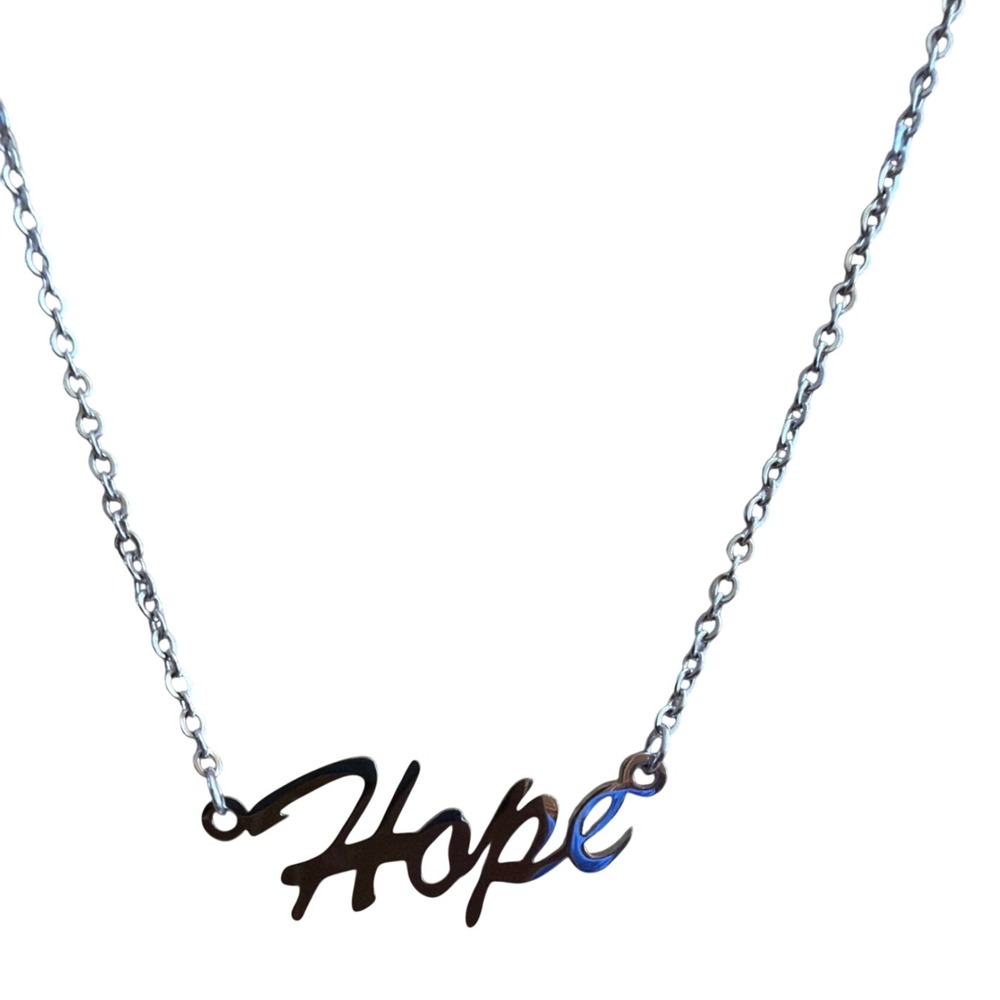 Silver Tone Hope Script Word Pendant Necklace Adjustable Motivational Layering